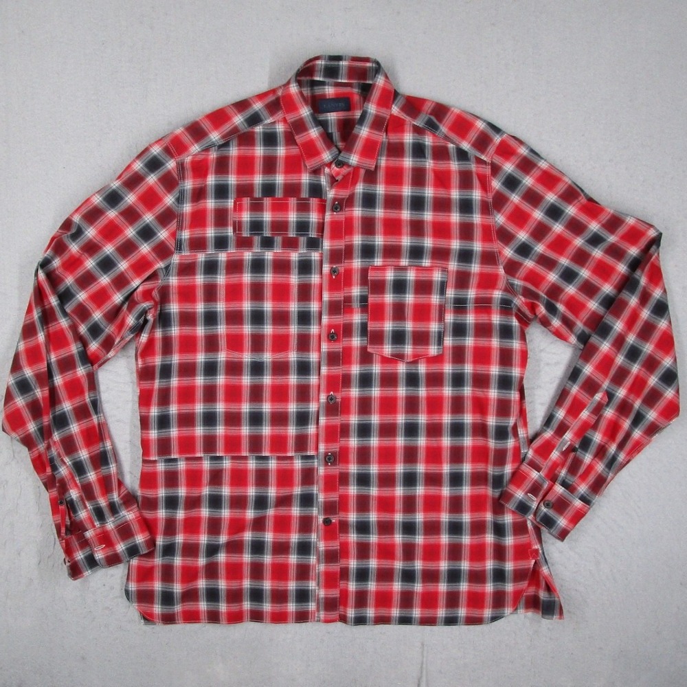 Lanvin Paris Men Plaid Button Down Shirt Red Black White Cotton Made in Italy 42